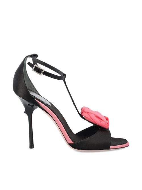Satin T-Strap Sandals with Floral Detail