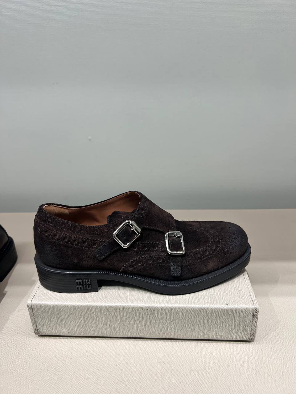 Suede double-buckle monk strap shoes