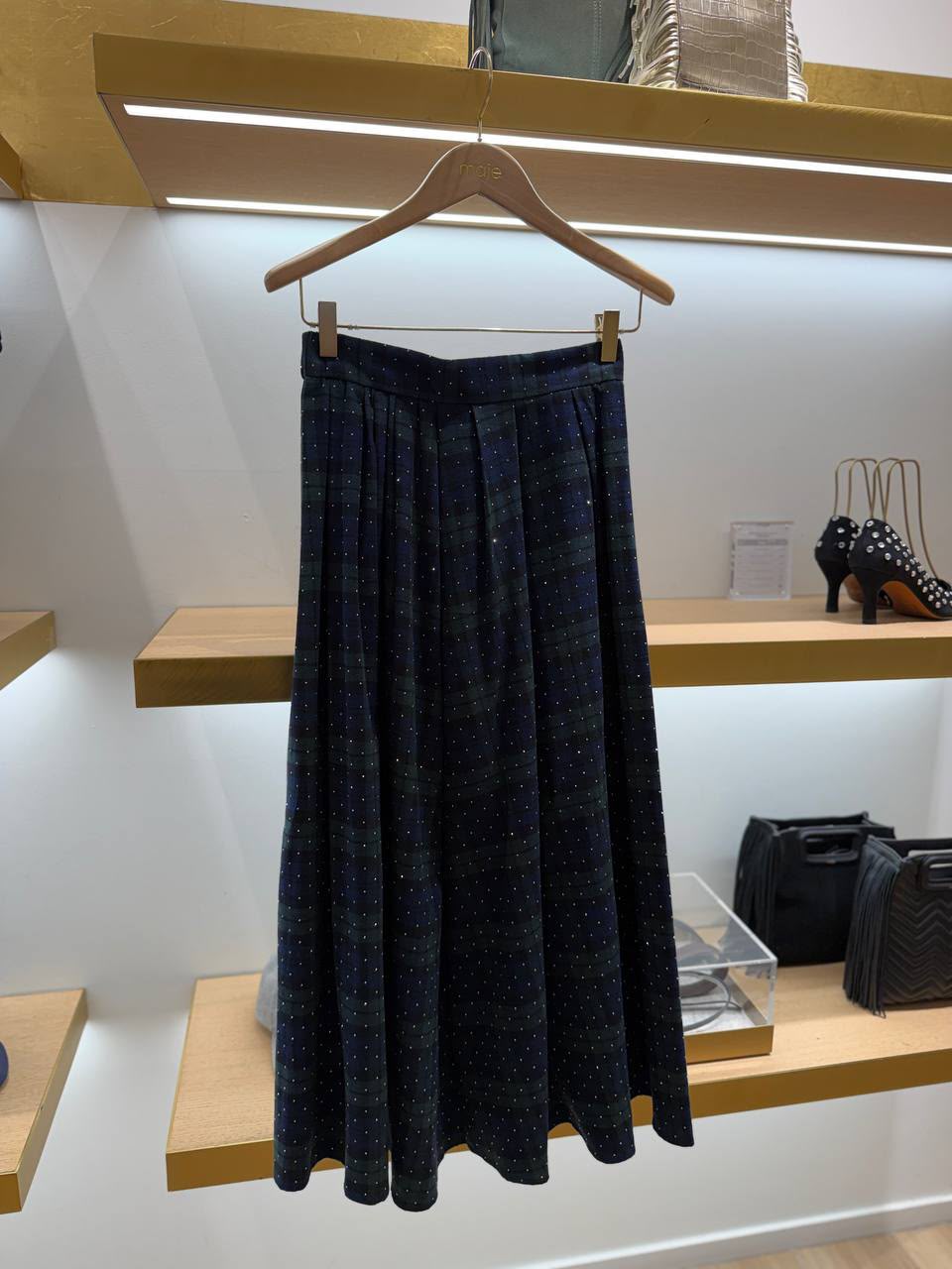 High-waisted pleated midi skirt with rhinestones