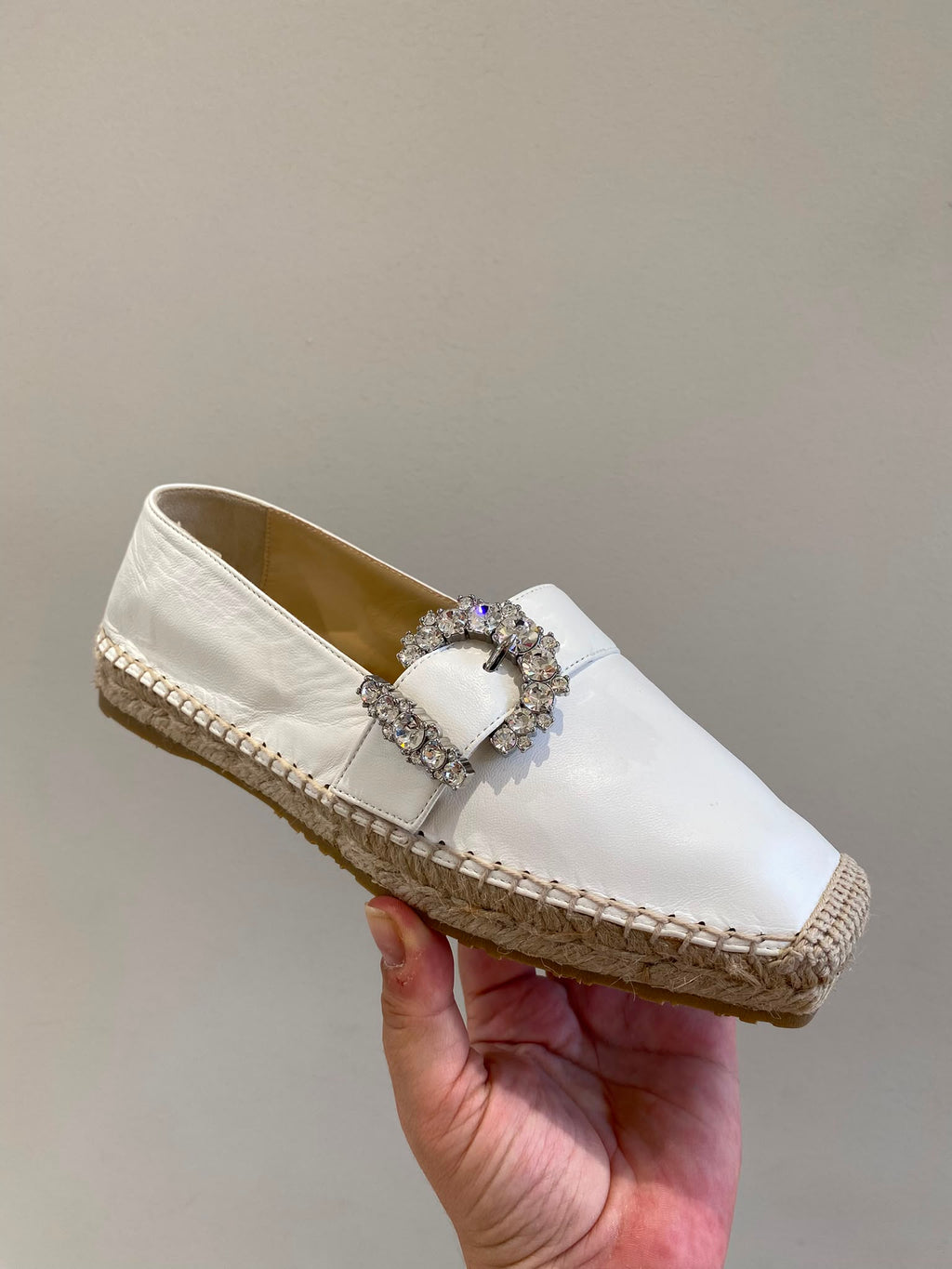 Crystal-Buckle Leather Espadrilles