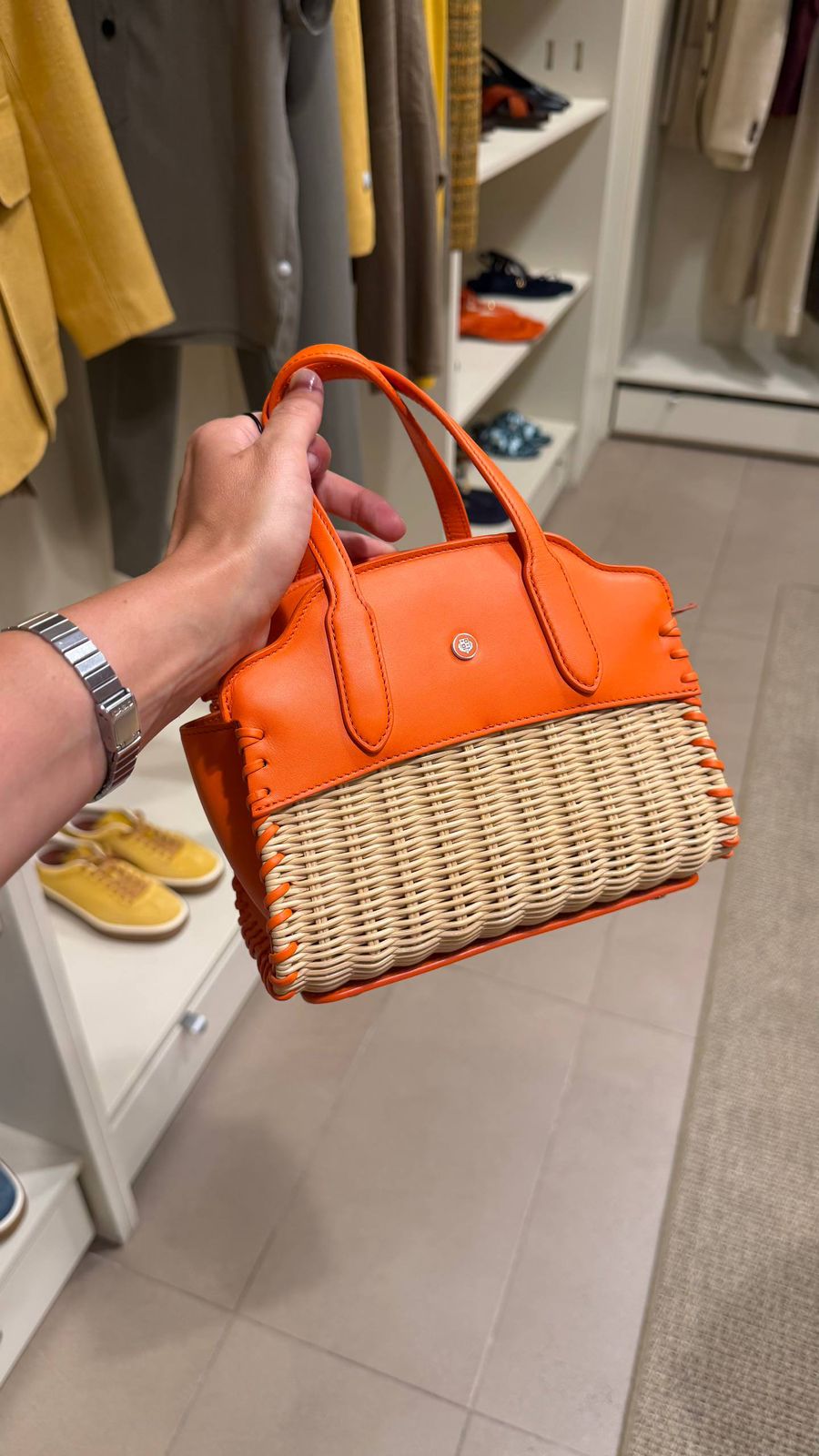 Wicker and Leather Top Handle Bag