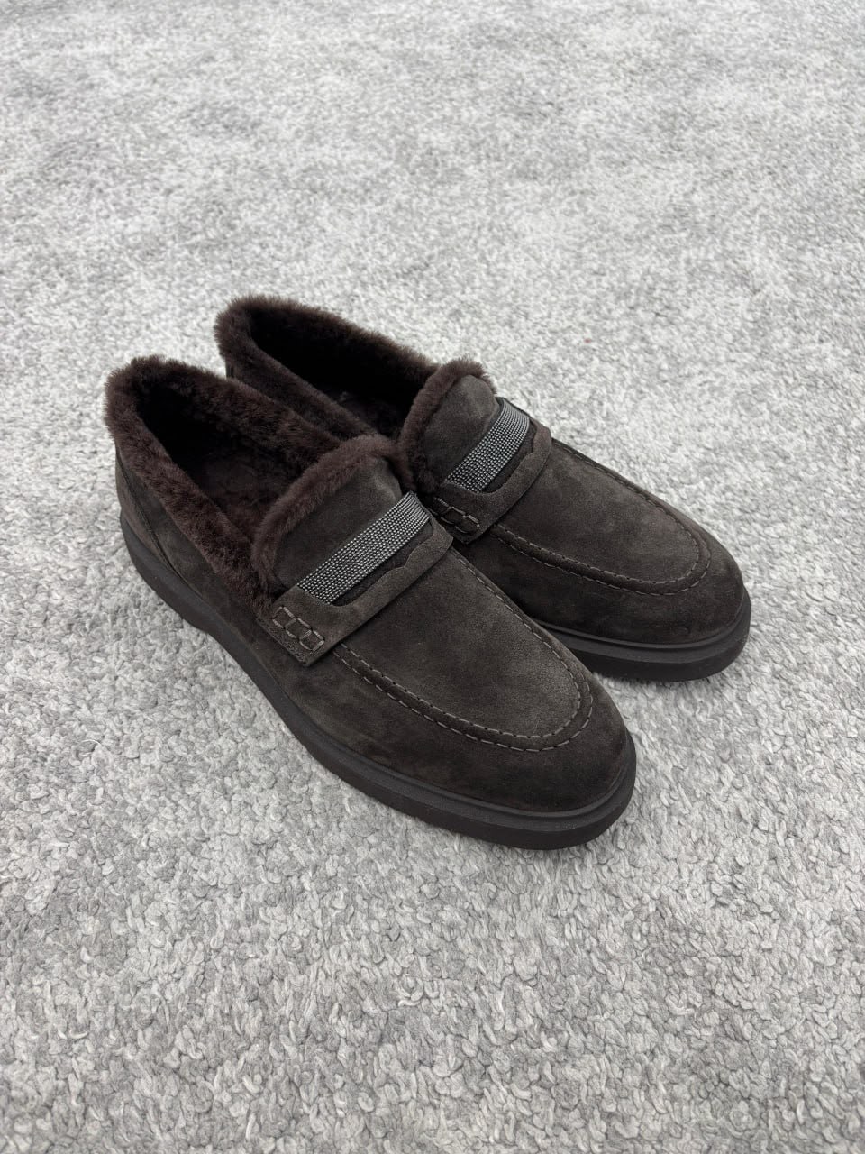 Monili-embellished suede loafers with shearling lining