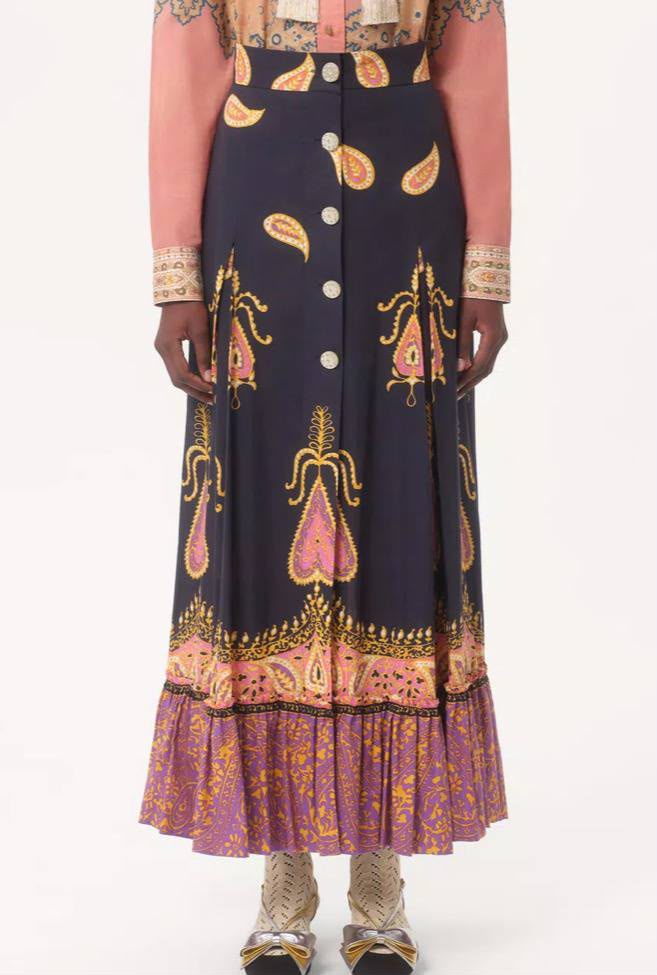 Paisley Print Button-Down Maxi Skirt