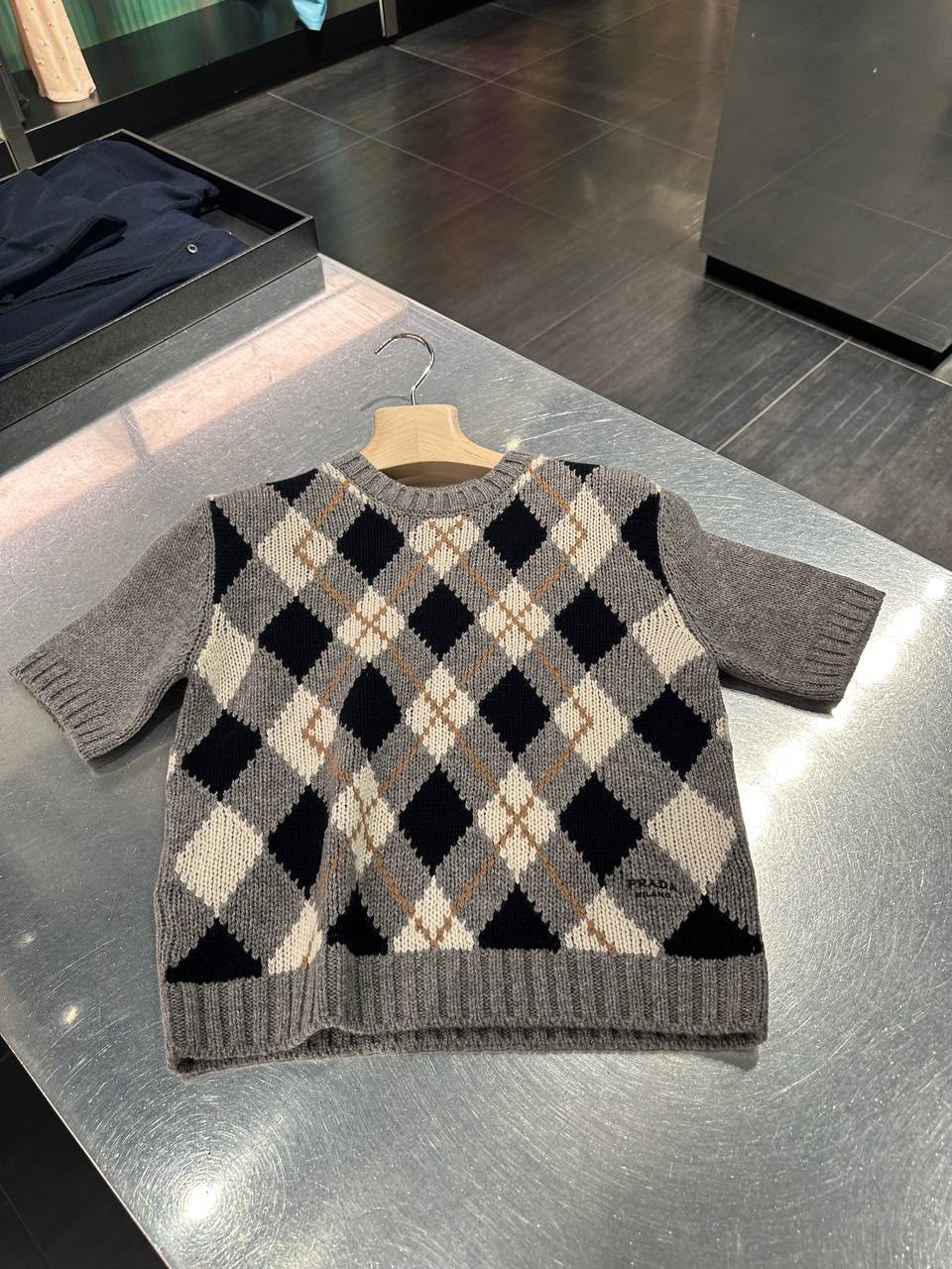 Argyle Knit Short-Sleeve Sweater