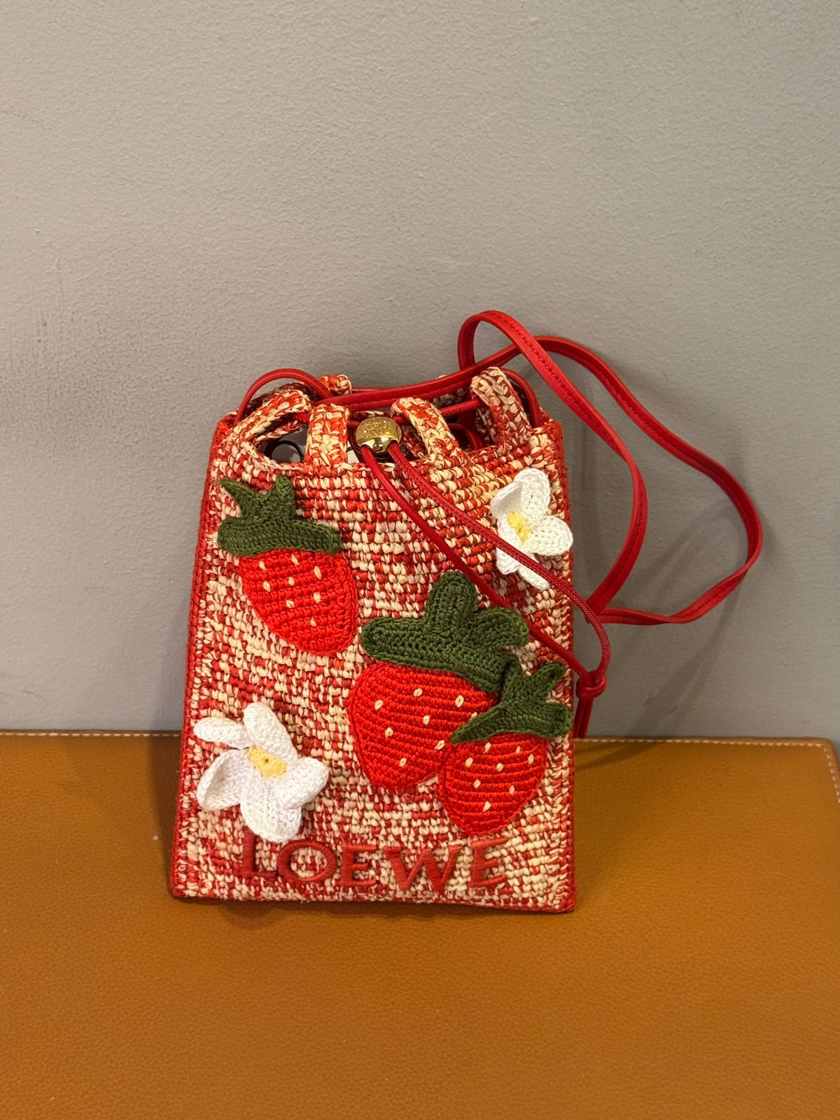 Strawberry Drawstring Pouch in Raffia