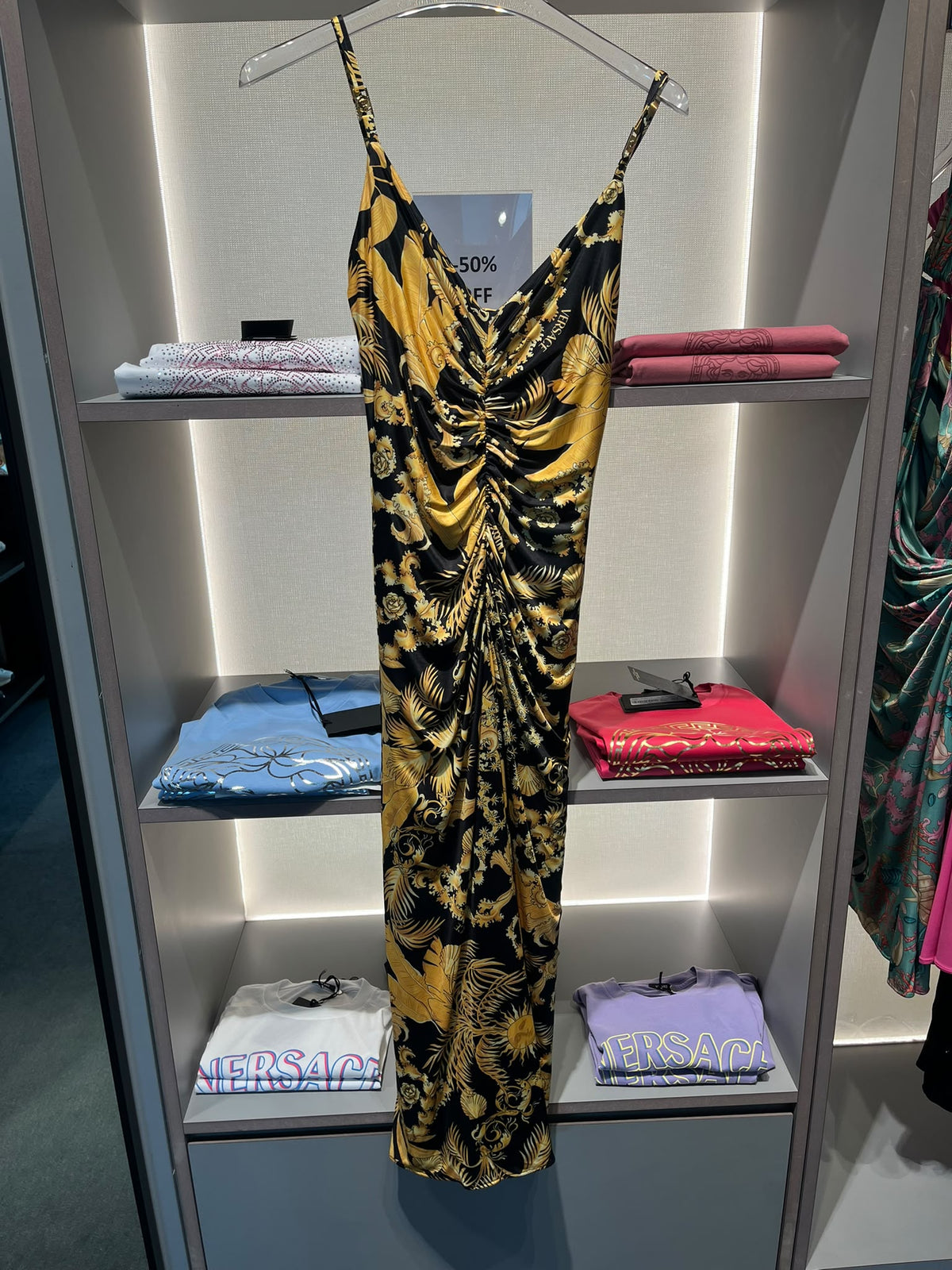 Barocco Print Ruched Midi Dress