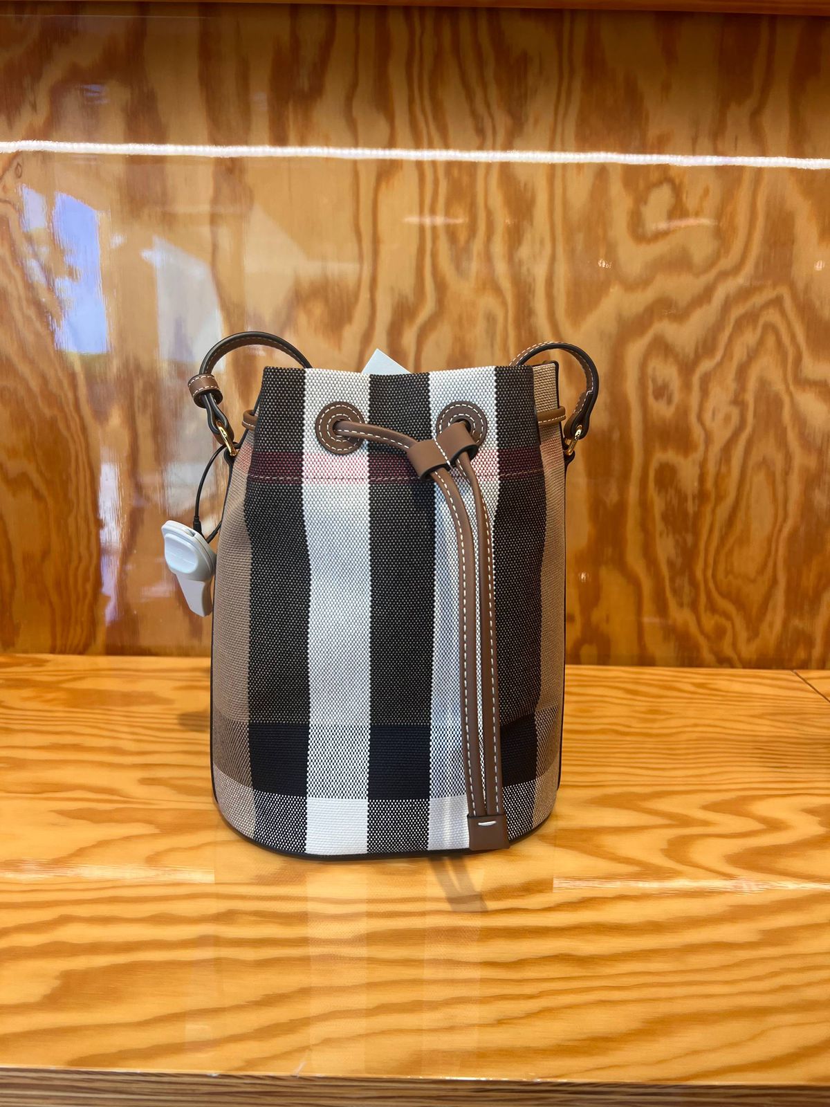 Check Canvas and Leather Bucket Bag
