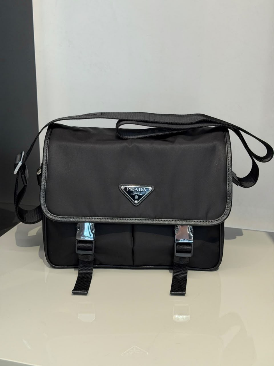 Re-Nylon and Saffiano leather messenger bag