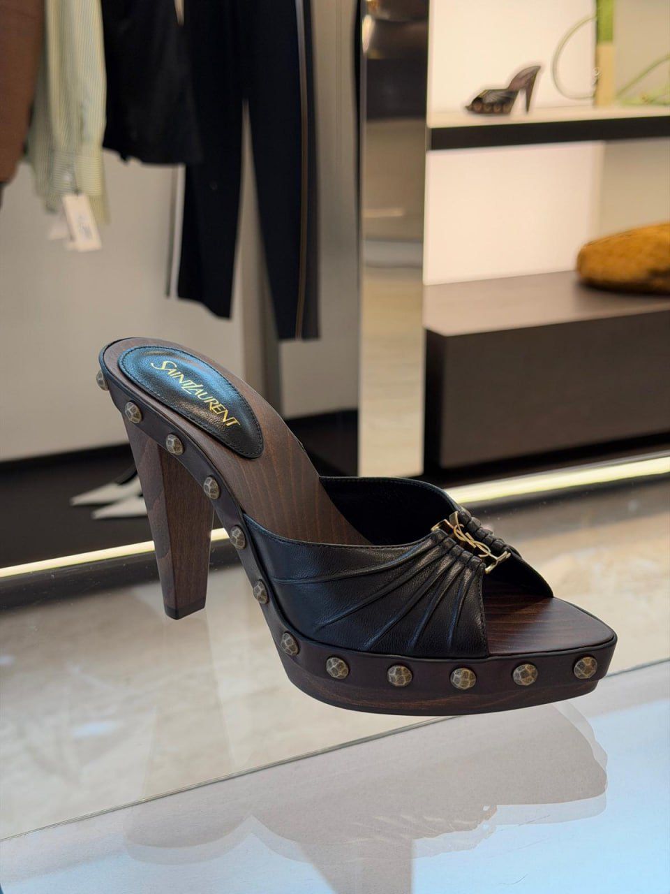 Saint Laurent Bianca Clog Mules in Leather and Wood
