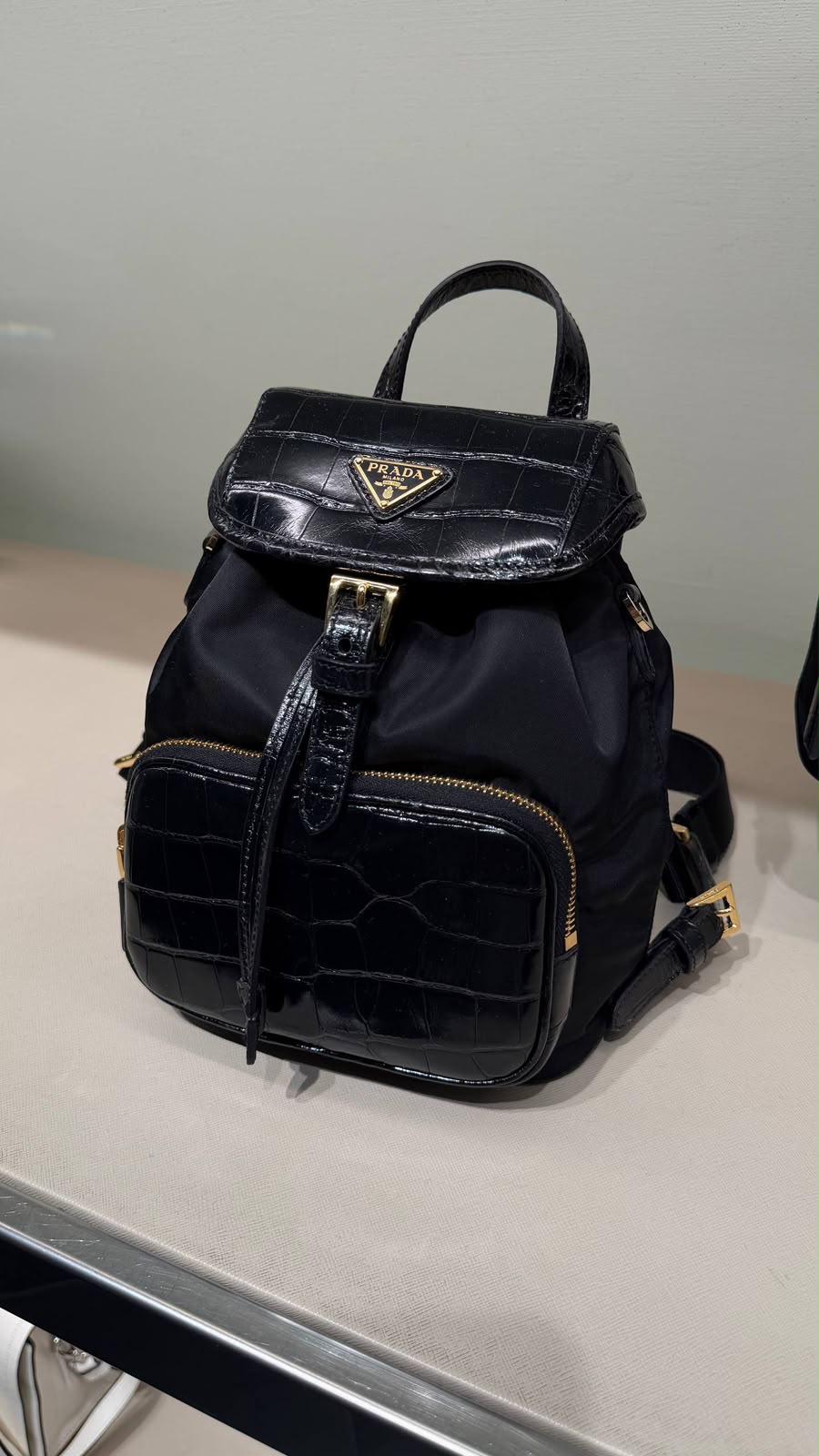 Re-Nylon and Croc-Embossed Leather Backpack