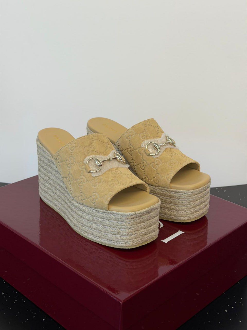 Gucci Horsebit GG Suede Espadrille Wedge Mules