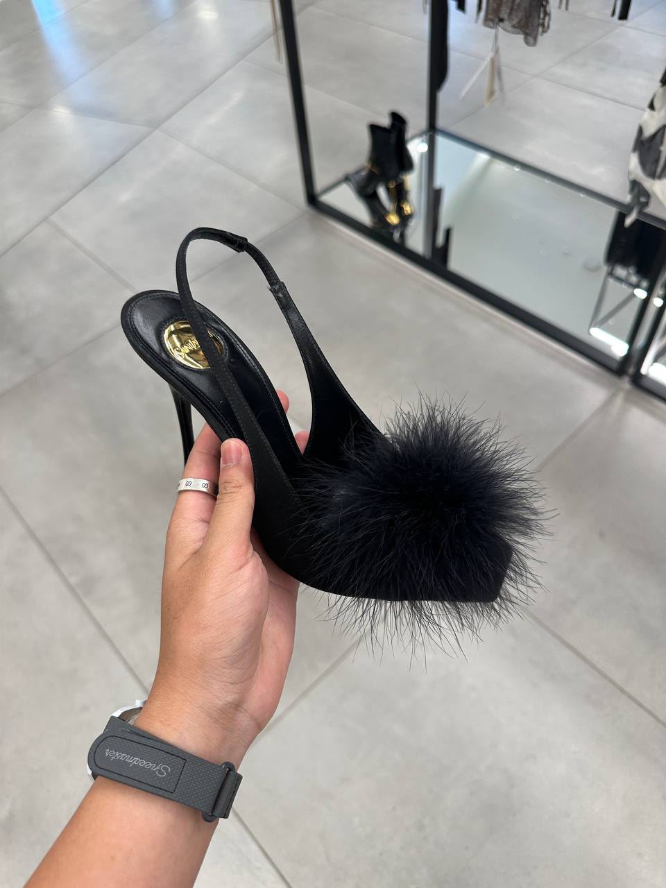 Feather-embellished slingback stiletto heels